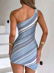 Women's Summer Mini Dress One Shoulder Spaghetti Strap Sleeveless Striped Bodycon Dress - Blue - View 7