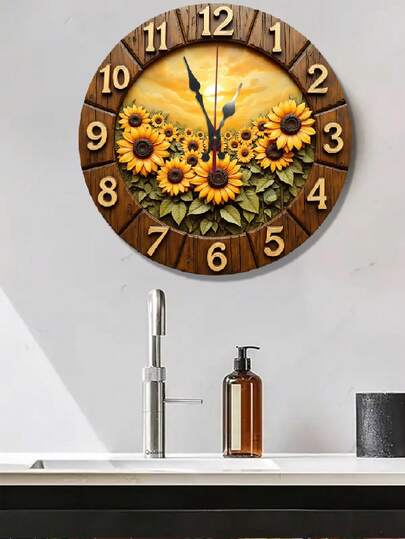 2D Flat Retro Sunflower Wand Klok Silent Quartz Movement, Vibrant Bloemen ,Wood Round Living Room, Kitchen, Dorm (AA Battery Not Included), Room Movement Home view 5