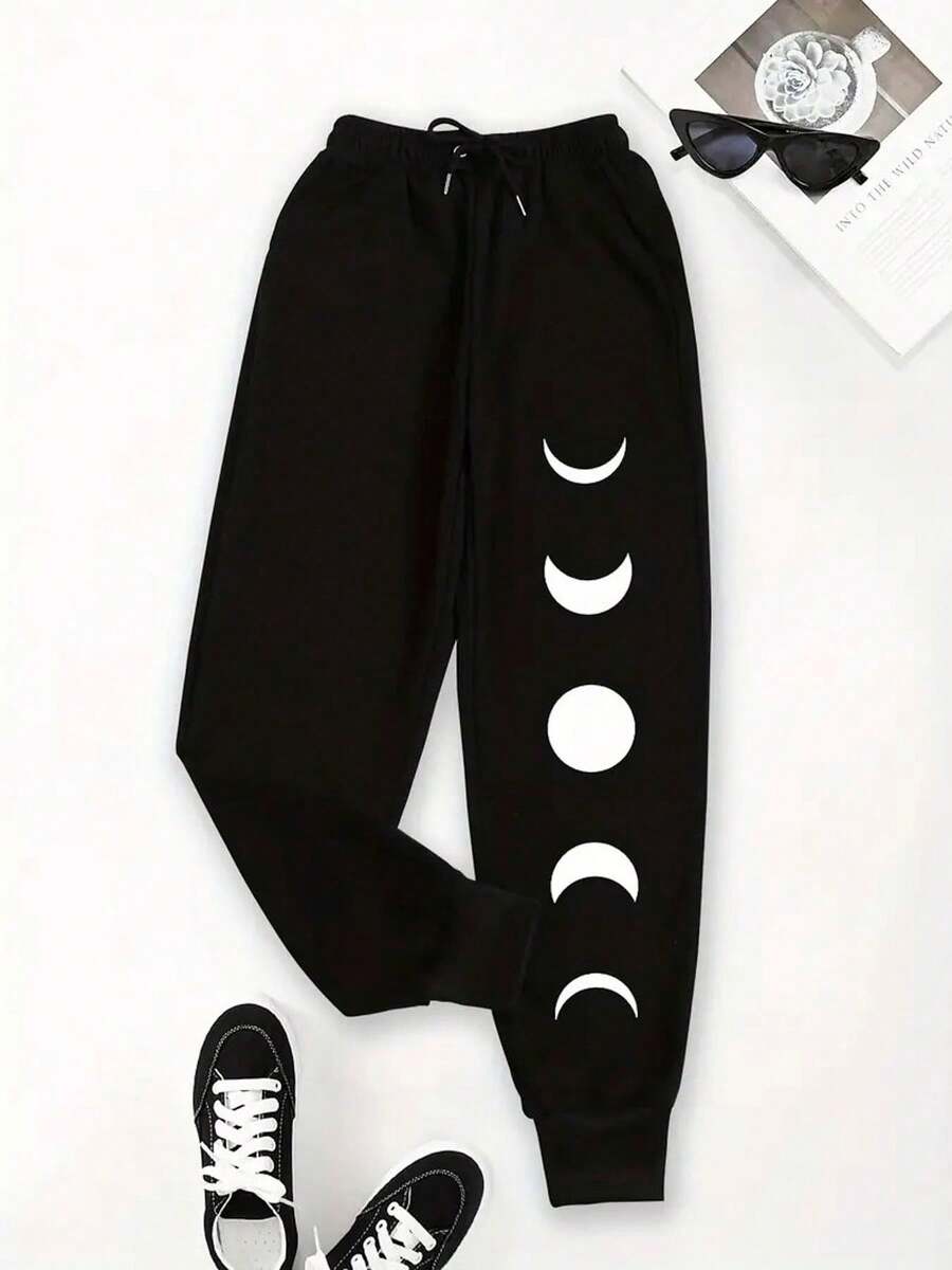 250g Sweatpants, Women's Black Moon Phases Graphic Print Jogger Sweatpants, Loose Fit Drawstring Waist Cuffed Lounge Pants, Aesthetic Streetwear Active Track Trousers With Pockets. - 黑色 - 查看 1