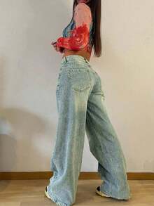 女士复古宽松直筒牛仔裤，休闲春季款 - 淺色水洗藍 - 查看 5