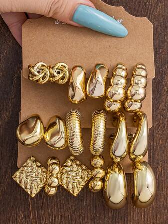 女士复古优雅金色耳环套装（1-9 对）带有略厚的新月形耳环、C 形耳环、串珠细节和编织细节 - 秋冬假日必备套装