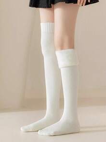 1 Pair Faux Cashmere Over-The-Knee Socks For Women, Thick Fleece Lined Warm Tall Socks, Autumn/Winter