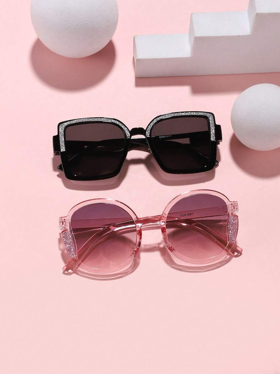 2 piezas Gafas de moda redondas y cuadradas con brillo fino de acrílico para niño y niña de 8 a 14 años, adecuadas para salidas de vacaciones, combinación de ropa y regalos festivos.