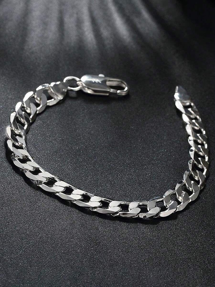 925 Sterling Silver Classic 4-12mm 8inch Flat Sideways Chain Bracelets For Women Men Fashion Party Wedding Accessories Jewelry Gifts