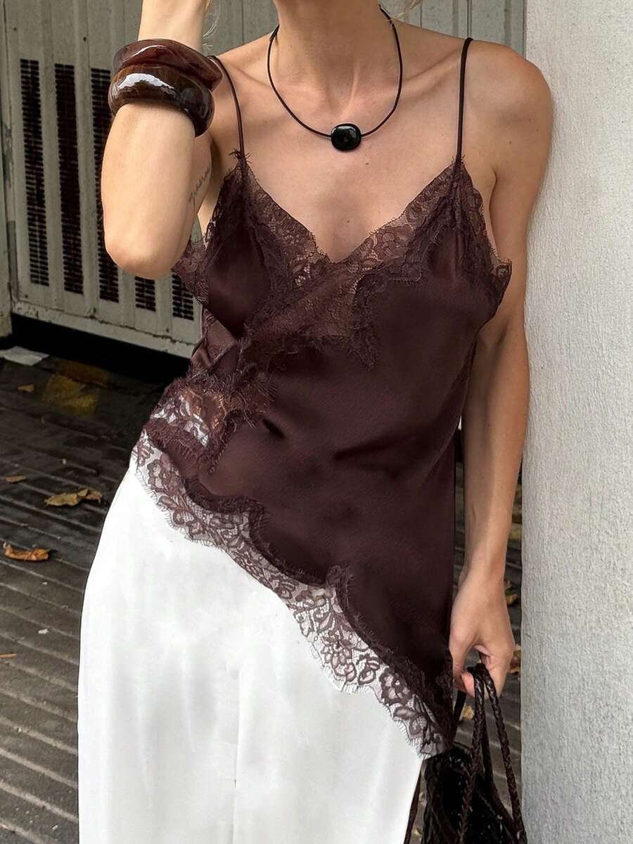 Women Satin Lace Trim Cami Tops Silk V Neck Spaghetti Strap Tank Top Y2k Backless Asymmetrical Loose Going Out Camisoles Shirts Streetwear - 棕色 - 查看 1