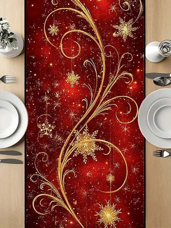 1 pezzo Runner da tavolo natalizio con fiocchi di neve dorati luccicanti e eleganti svolazzi su uno sfondo rosso festivo - Decorazione natalizia per la casa, la cucina, il ristorante e le impostazioni della tavola da pranzo, pezzo decorativo per la tavola (33x90/120/160/183/200 cm)