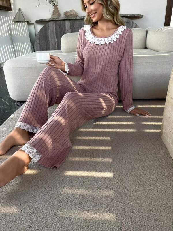 Women's Fashion Lace Trim Round Neck White Contrast Lace Ribbed Long Sleeve & Pants Cute Pajama Set, Fall Clothes