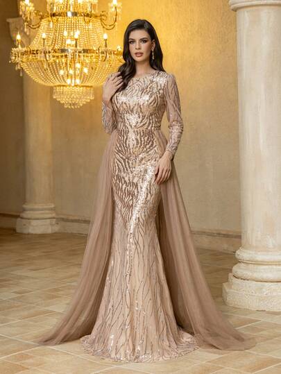 UNITHORSE Vestido de noite feminino UNITHORSE [corte aleatório] com decote redondo, manga comprida, lantejoulas, patchwork, tecido de malha, corte slim, maxi temperamento