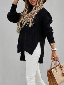 2026 Premium Apparel Autumn/Winter Women's  Solid Color Knitted Textured Pattern Dropped Shoulder Oversized Sweater Dress, Casual  Knit Long Sleeve Top,Women's Oversized Cable Knit Solid Color Long Sleeve Sweater, Crew Neck Chunky Warm Thick Autumn Winter,Women's Sweater  Long Sleeve Casual Lazy Style Warm Top New Year - 黑色 - 查看 2