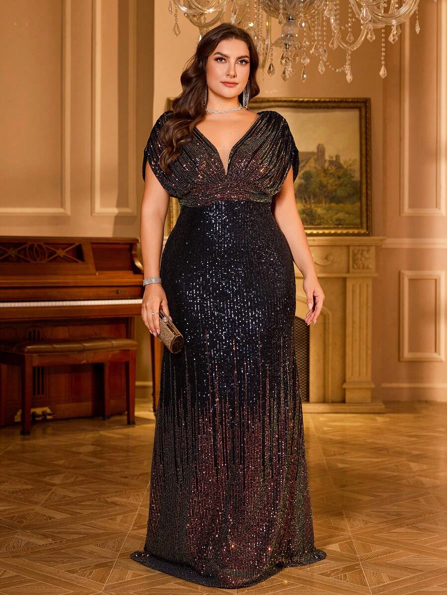 [Random Cut] Shiny Gradient Sequin V-Neck Batwing Sleeve Ruched Waist Party Evening Dress - Navy Blue - View 1