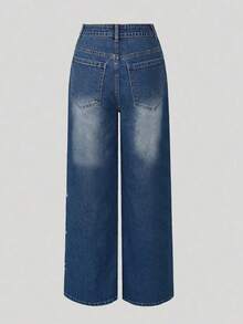 Classic Vintage Washed Blue Floral Embroidered Casual Loose Fit Straight Leg Jeans, Suitable For Casual, Holiday, Denim Pants, Long Pants, Outings, Women's Denim Jeans, Women's Jeans, Women's Denim Bottoms