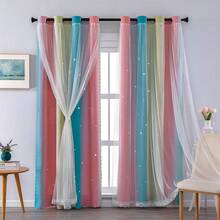 Cortinas de dormitorio de 213 cm, cortinas decorativas cortas de doble capa con estrellas colgantes y voile para habitación infantil, cortinas de arco para puerta de vidrio corrediza para adultos, rosa, azul, morado /132/213/2 MX - Rosa AmarilloAzul - Ver 9