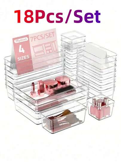 Set de 11/18 piezas de organizadores y separadores de cajones, contenedores y bandejas de almacenamiento de plástico transparente de 4 tamaños diferentes - para maquillaje, utensilios de cocina, suministros de oficina, baño, cajones del tocador, armarios de autocaravana