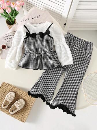 3 件女童休闲蝴蝶结格子印花吊带背心 + 纯色长袖 T 恤 + 格子印花喇叭裤户外套装，秋冬