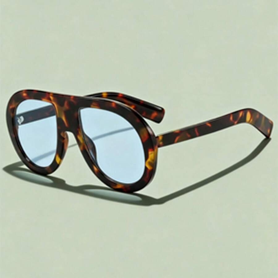 1 Pc/Set, Stylish Oversized Sunglasses, Unisex Personalized High-End Sunglasses Multiple Colors Available Perfect For Daily Dates, Commuting, Street Style Outfits, Or As A Gift Includes A Glasses Case - 豆腐框配藍色鏡片 - 查看 1
