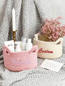 Personalized Woven Storage Basket, Customizable Name - Embroidered Rope Woven Storage Rack, Suitable For Nursery, Home Decor, Newborn Gift - Multicolor - View 6