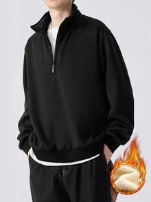Plus Size Men's Solid Color Long Sleeve Casual Half-Zip Fleece Sweatshirt, Autumn/Winter