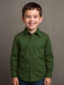 Children's White Long Sleeve Button Down Shirt, Premium Line - Army Green - View 1