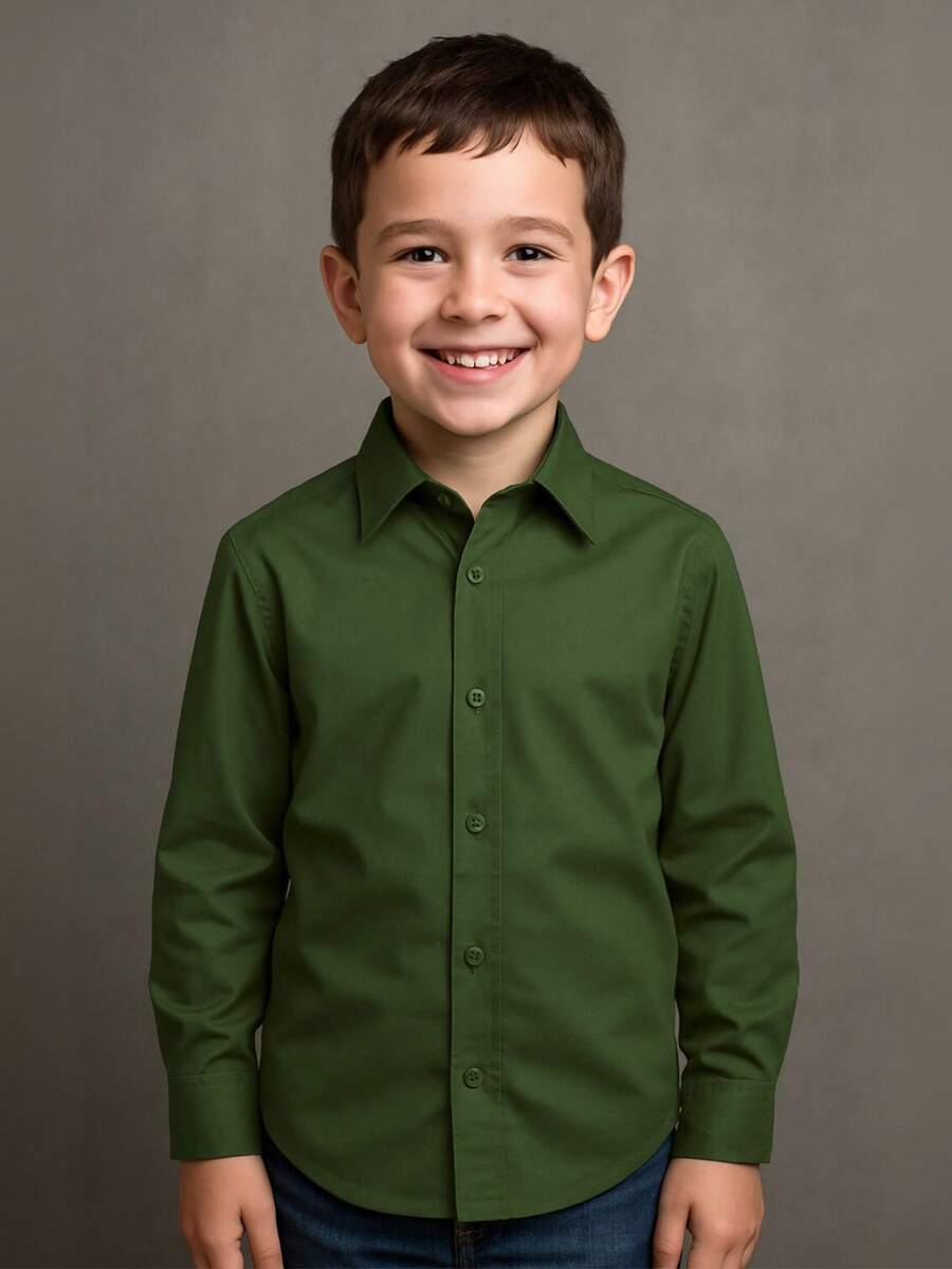 Children's White Long Sleeve Button Down Shirt, Premium Line - Army Green - View 1