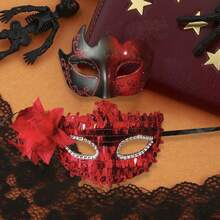 Men Women Masquerade Facewear, Exquisite Glitter Feather Half Face Facewear Halloween Cosplay Headwear - 紅色 - 查看 6