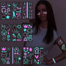 Sheet brillan en la oscuridad tatuajes temporales Styles Aldult Fluorescencia UV Neón Cuerpo Cara Falso Impermeable Tatuaje Pegatinas para Mujeres Hombres,Rave Festival Accesorio Fiesta Suministros - 10 Hojas Fiesta de la Música - Ver 1
