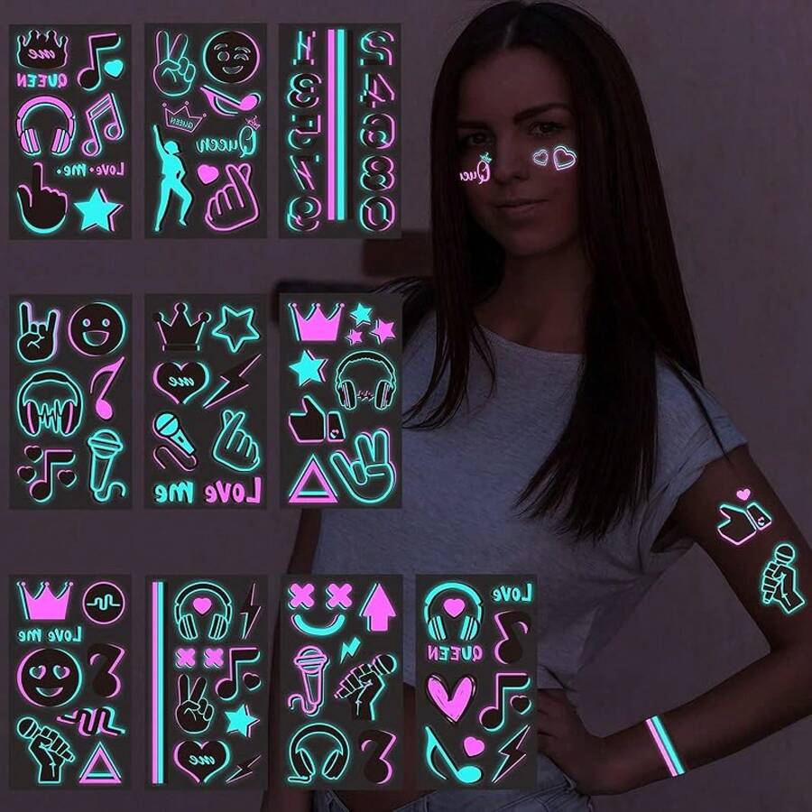 Sheet brillan en la oscuridad tatuajes temporales Styles Aldult Fluorescencia UV Neón Cuerpo Cara Falso Impermeable Tatuaje Pegatinas para Mujeres Hombres,Rave Festival Accesorio Fiesta Suministros - 10 Hojas Fiesta de la Música - Ver 1