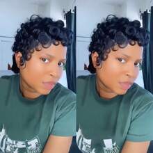 女士精灵短假发，真人发卷发，黑色短款刘海，无胶无蕾丝前额，全手工编织分层假发，佩戴方便，是送给爱人、朋友、家人或日常佩戴的理想礼物 - 黑色 - 查看 9