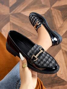 Women's Chunky Platform Color Block Loafers - Patent Leather Slip On With Round Toe & Buckle, Casual Fall Shoes - Black - View 12