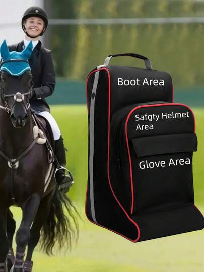 马术用品收纳包 - 耐用整理包，带拉链隔层（可存放骑马靴、帽子、手套），适用于骑马、马术手套、骑马靴、马鞭 - 坚固的健身房和马厩包，旅行专用 - 黑色，马具配件，加固手柄设计