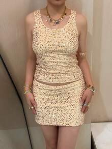Women 2pcs Set Sequin Sleeveless Tank Tops With Mini Skirt