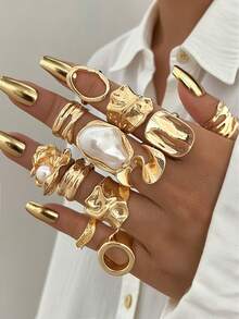 12/3pcs Set Asymmetric Pearl Flower Rings, Geometric Design, Iridescent, Hollow Round, Multi-Layer Metal Texture, Extra Large, Rugged Chic, Elegant Vintage, Suitable For Holidays, Parties, Dates, Gifts, Daily Wear
