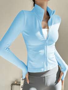 女士专业无缝拉链夹克，紧身剪裁，适合跑步、健身、瑜伽 - 淺藍色 - 查看 8