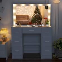 Vanity Desk Set With Large Dimmable LED Light Mirror Makeup Table & 7 Drawers - White - View 2