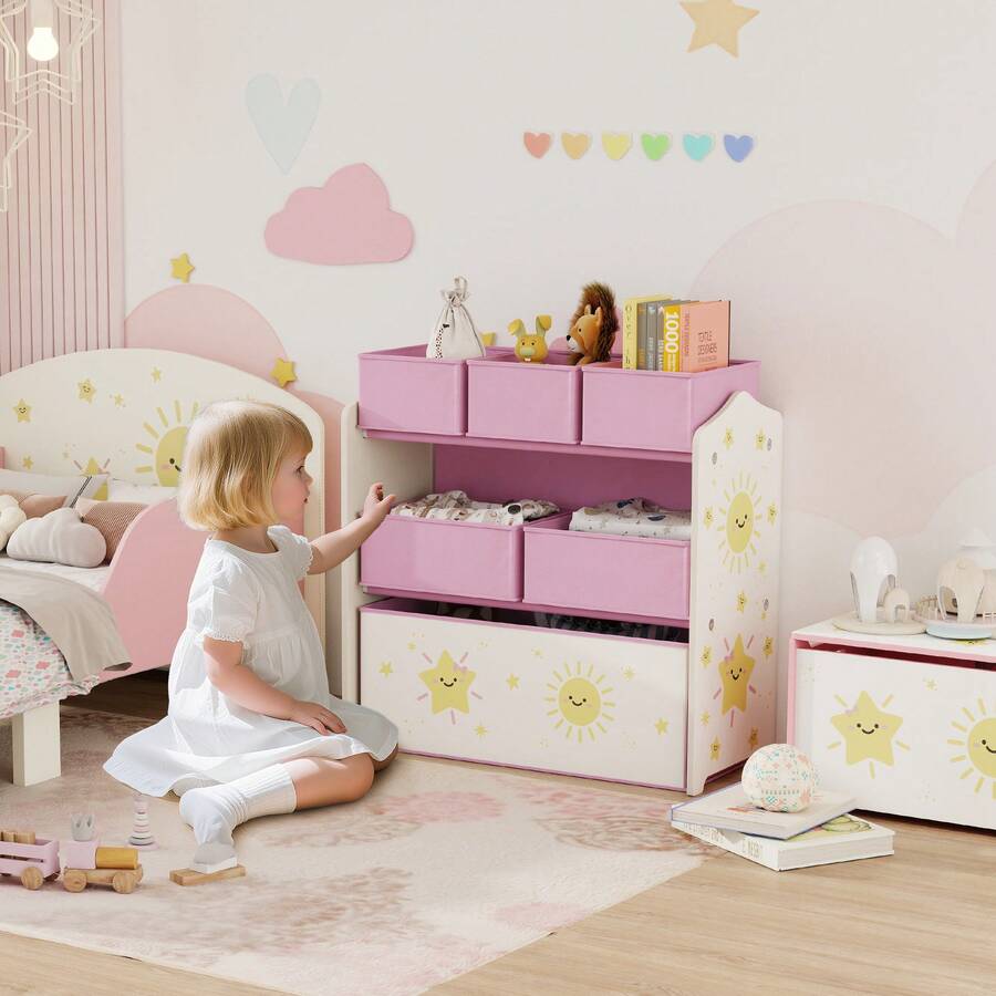 AIYAPLAY Estantería Infantil para Juguetes, con 6 Cajas Extraíbles de Tela no Tejida, Organizador de Juguetes de 3 Niveles, para Habitación Infantil, Sala de Juegos, Guardería, 63x30x66 cm, Rosa - Rosa - Ver 1