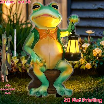 2D-utskriven 1-st groda som håller soldriven lampa 2D akryl utomhusträdgård - söt groda med lykta och flaskmark, lämplig för trädgård, uteplats och gårdsdekor, 2D-platt