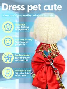 1 件可爱时尚的宠物狗连衣裙，拼色花卉印花，带丝带系带设计，带牵引绳附件和可调节胸部/颈部