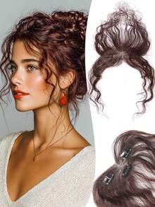 12*5CM Fully Hand-Woven Heart-Shaped Net Invisible Seamless Hair Replacement Piece Water Ripple Curly Hair Middle-Parted Bangs On The Top Of The Head Fluffy To Increase Hair Volume Cover The Hairline Long Curly Bangs Wig Natural Invisible Cover White Hair - Multicolor - View 12