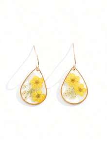 1pair Teardrop Shaped Dried Forget-Me-Not Flower Earrings With Glue Back, Suitable Women's Daily Wear Valentines - 檸檬黃 - 查看 5