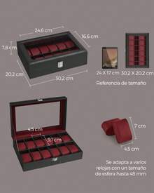 Caja de Relojes con 12 Compartimentos, Estuche de Relojes con Tapa de Cristal, Cojín Extraíble, Cierre Metálico, Idea de Regalo, Cuero Sintético Negro y Forro Rojo Burdeos, Regalo de Navidad - Rojo - Ver 5