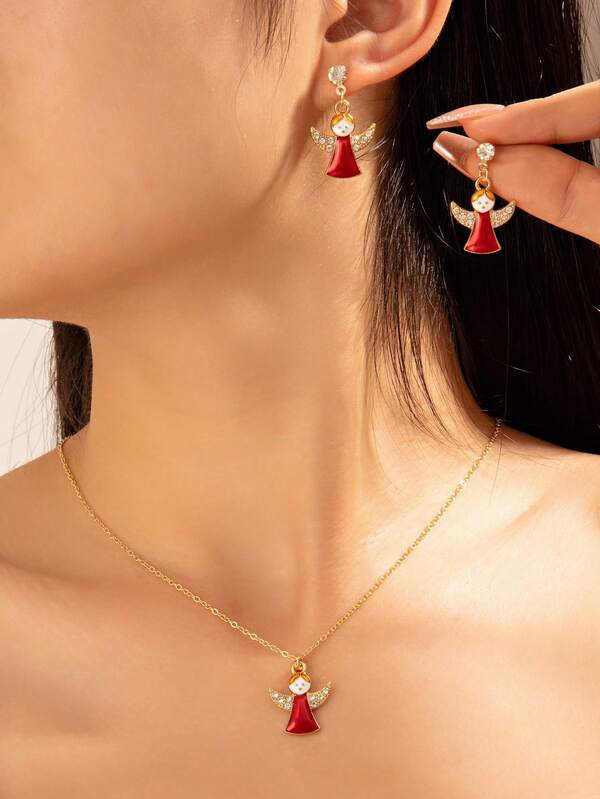 Ein Set eleganter Weihnachtsengel Ohrringe und Halskette, modischer Schmuck für Frauen, geeignet für Partys/Alltagstragen