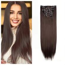 Clip In Hair Extensions Dark Brown Color 24 Inch 6 PCS Set Long Straight Hair Extension Synthetic Hairpieces For Women Girls Daily Use - 黑色深棕色-2M33 - 查看 7