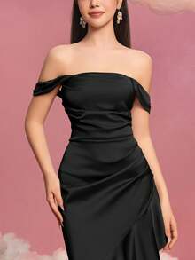 Off-The-Shoulder High Slit Mermaid Gown With Ruffles, Elegant Formal Dress For Teenagers, Perfect For Galas, Banquets, Weddings, Proms And Charity Events - Black - View 6