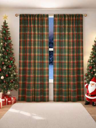 1pc Vintage Red & Green Plaid Christmas Curtain - Woven, Jacquard Curtain, Translucent Decorative Curtain Suitable For Bedroom, Kitchen, Balcony, Living Room, Holiday Atmosphere Decor Partition Curtain