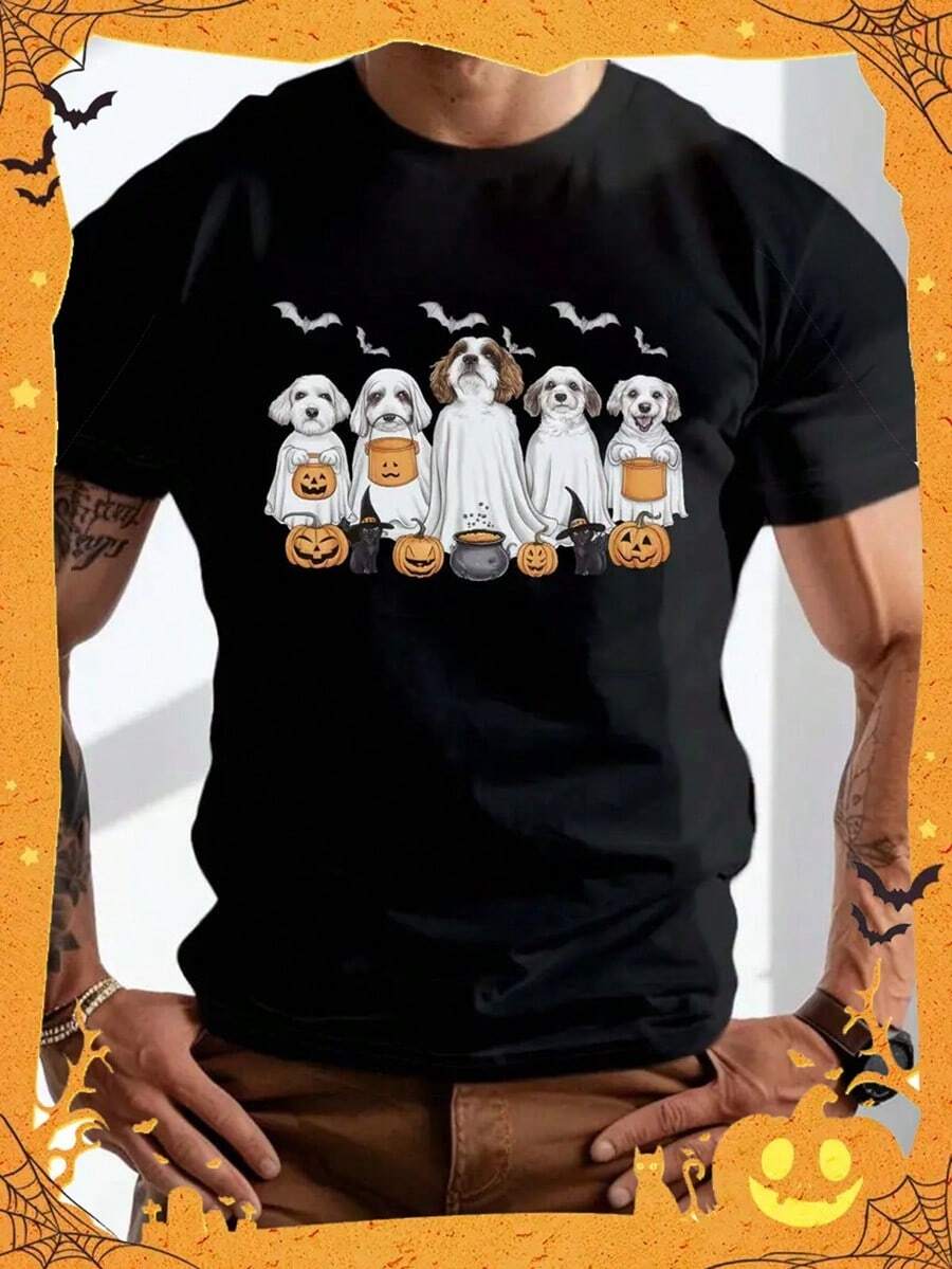 Plus Size Men'S Halloween Dog Graphic T-Shirt, Casual Crew Neck, Polyester Knit Fabric With Slight Stretch, Regular Fit, Geometric Pattern, Short Sleeve Tee For Summer, For Adults, Big & Tall,Nightmare Before Christmas,Christmas,Halloween Costumes,Funny T Shirts,Summer Outfits,Thanksgiving Day,Men Graphic Tees,Streetwear Men - 黑色 - 查看 1