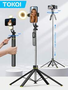 TOKQI Palo de selfie extendido 3 en 1 con apertura automática, trípode con control remoto Bluetooth, soporte de teléfono giratorio 360° desmontable con luz de relleno, estabilizador portátil de acero inoxidable para grabación al aire libre, vlogs de viaje, filmación de video