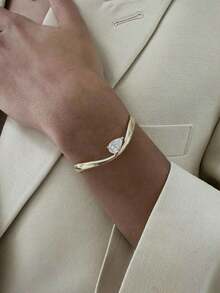 1pc Fashionable European-American Simple Copper Cubic Zirconia Adjustable Bangle Bracelet, Unisex Couple Daily Commute Accessory, Gifts For Holidays - 金子 - 查看 10