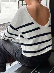 Suéter holgado de manga larga, sin espalda, de estilo informal y de vuelta al colegio con rayas, para mujer, de otoño e invierno de Just Masa