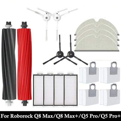 Juego de accesorios para aspiradora robot Roborock Q8 Max+/Q8 Max/Q5 Pro+/Q5 Pro, piezas de repuesto: cepillo principal, paños de limpieza, filtros HEPA, cepillos laterales, bolsas de polvo, accesorios de repuesto