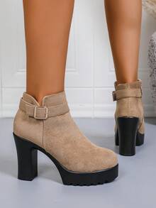 Giày bốt nữ cổ thấp đế dày bằng da lộn, gót chunky, có khóa kéo bên hông, mũi tròn, trang trí khóa cài, thời trang và thoải mái (Lưu ý: Giày có kích thước nhỏ hơn so với bình thường, vui lòng đặt hàng cho phù hợp), gót platform. - Lạc đà - Xem 5