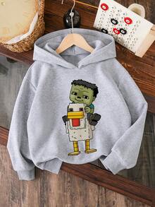 Young Boy Cartoon Pattern Warm Sweatshirt - Grey - View 1